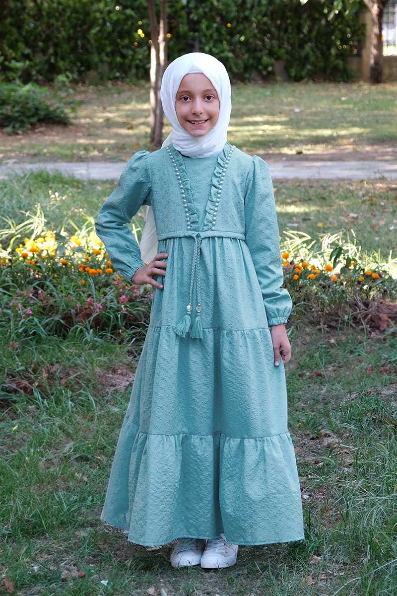 Çocuk Tesettür Elbise Biricik Model Yeşil - Mevlana Çocuk Tesettür