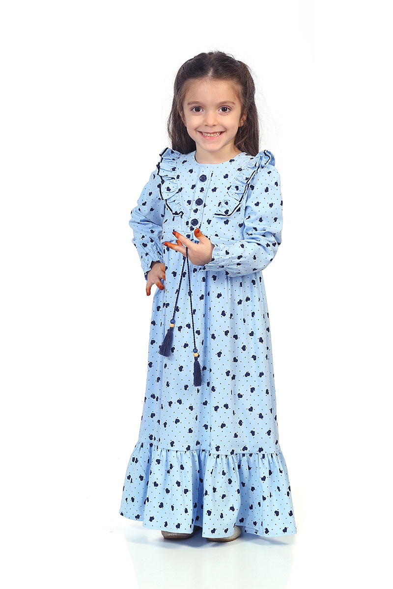 Çocuk Tesettür Elbise Ceylin Model Kalpli Mavi