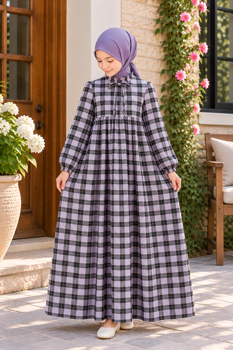 Çocuk Tesettür Elbise Duygu Model Lila