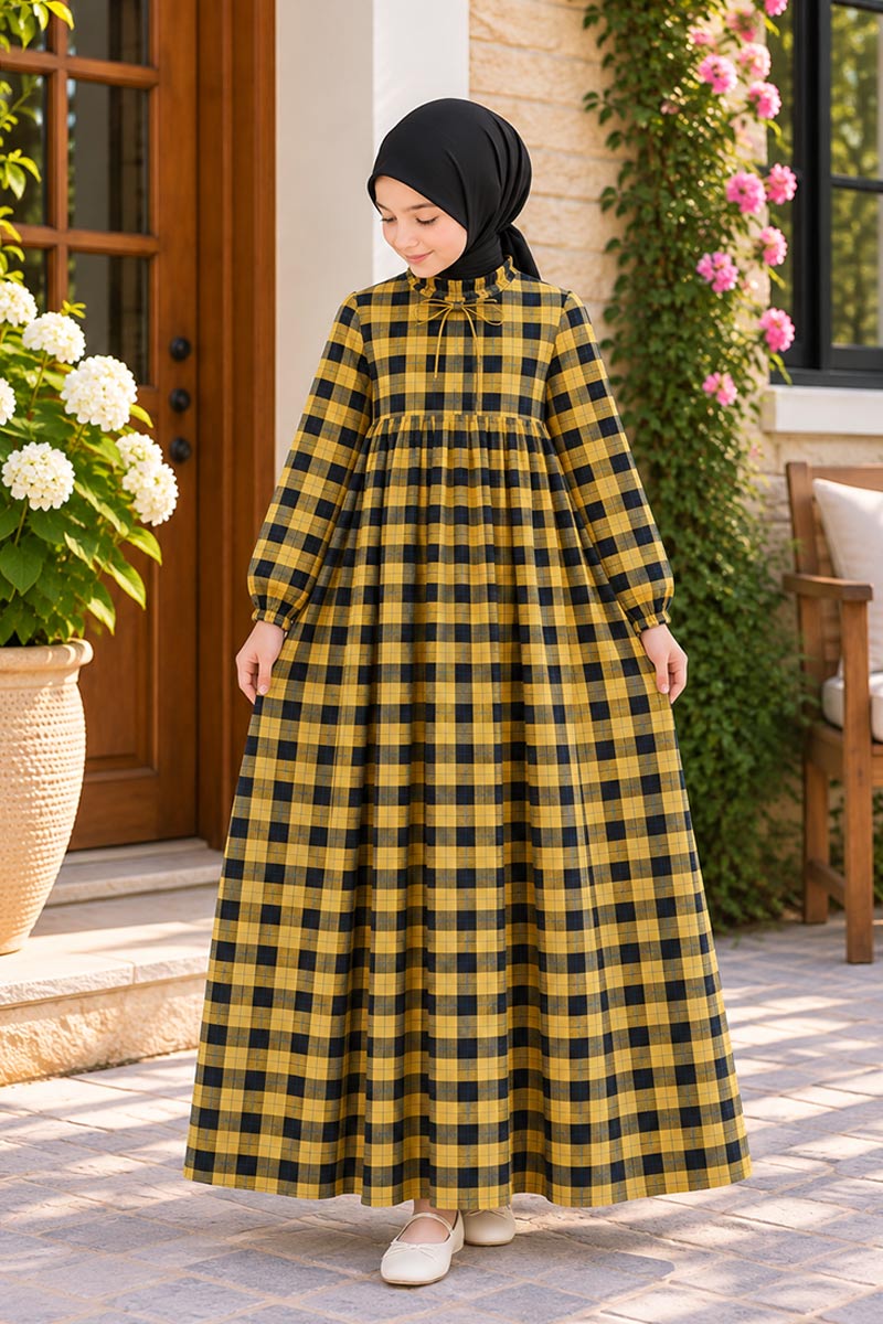 Çocuk Tesettür Elbise Duygu Model Sarı