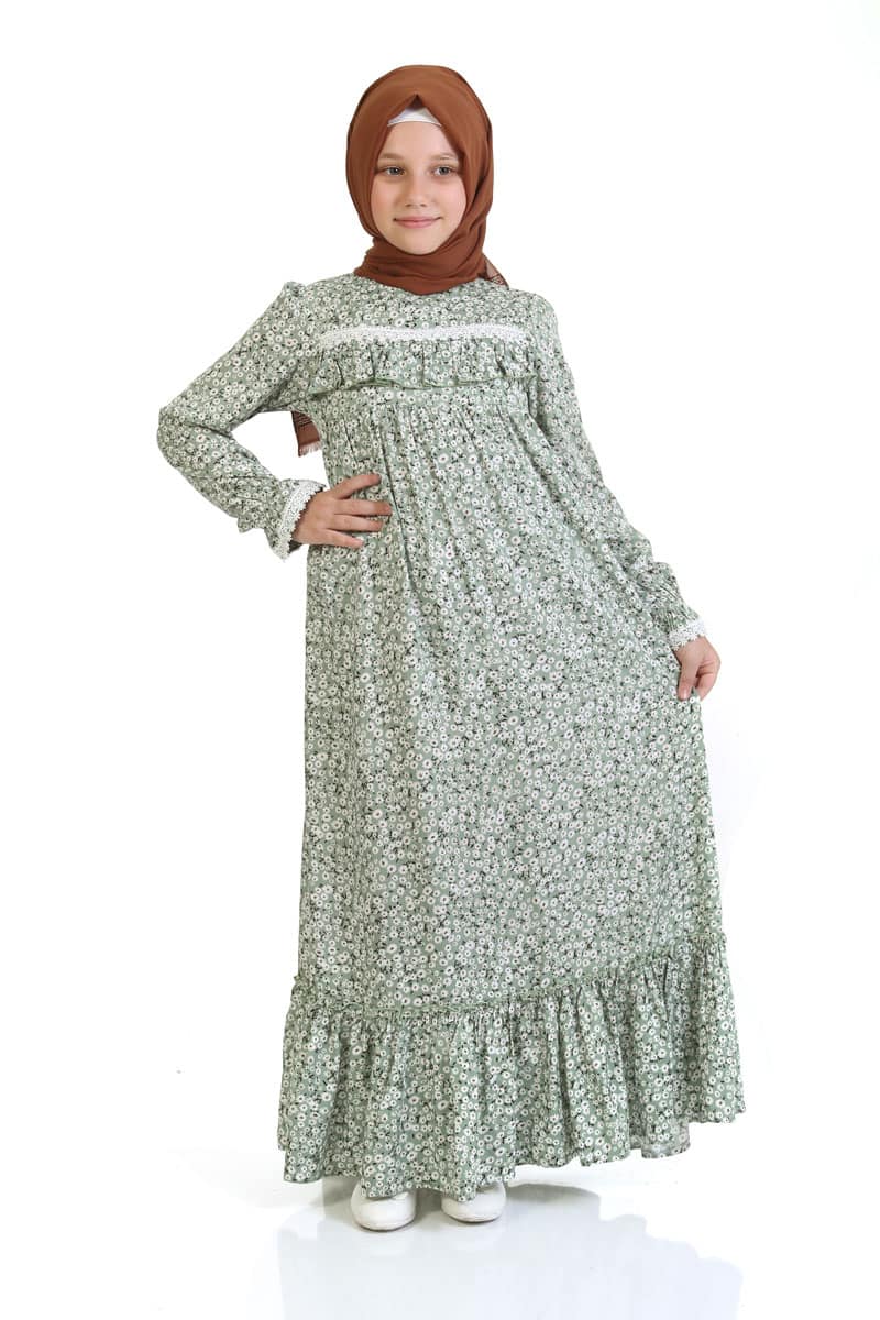 Çocuk Tesettür Elbise Ebru Model Yeşil 