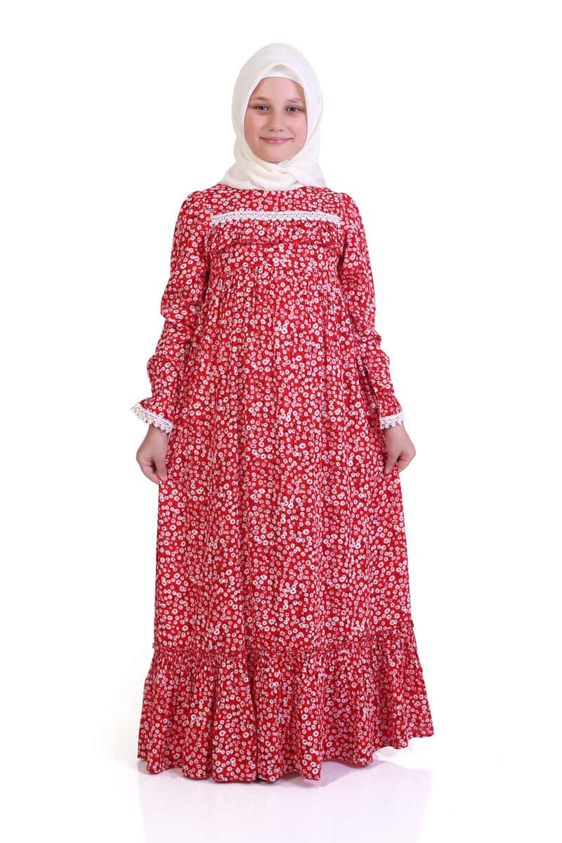 Çocuk Tesettür Elbise Ebru Model Kırmızı 