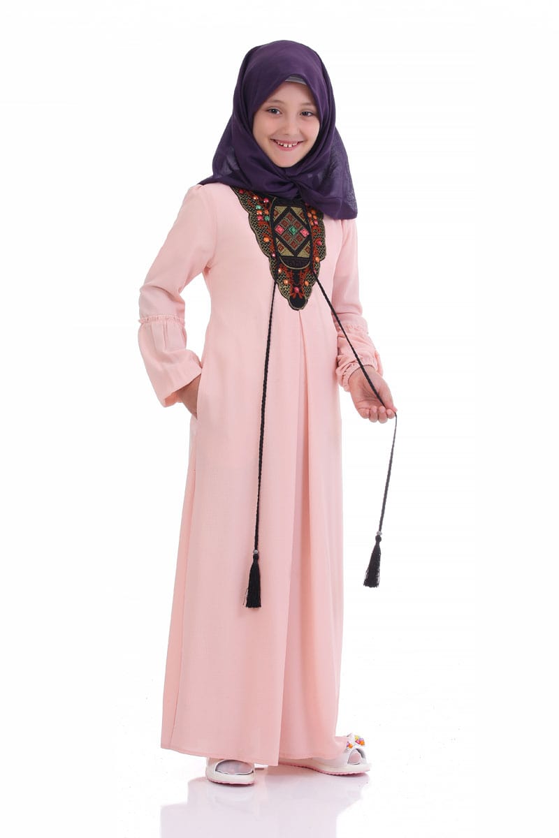 Çocuk Tesettür Elbise Elmas Model Pudra - 1