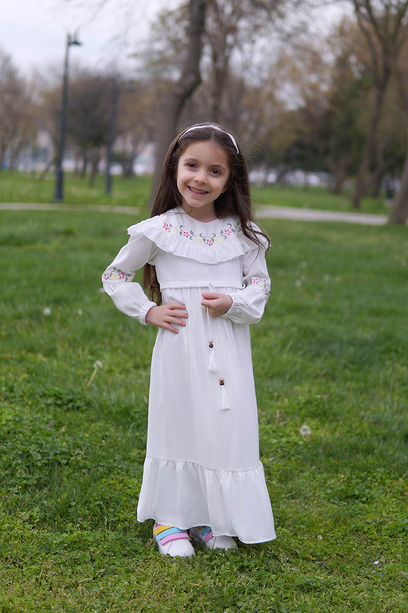 Çocuk Tesettür Elbise Filiz Model Beyaz - 3