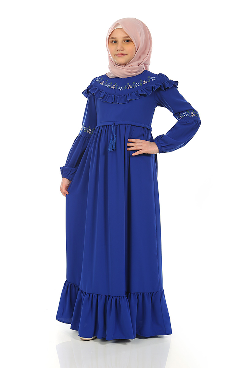 Çocuk Tesettür Elbise Filiz Model Saks Mavi - 1