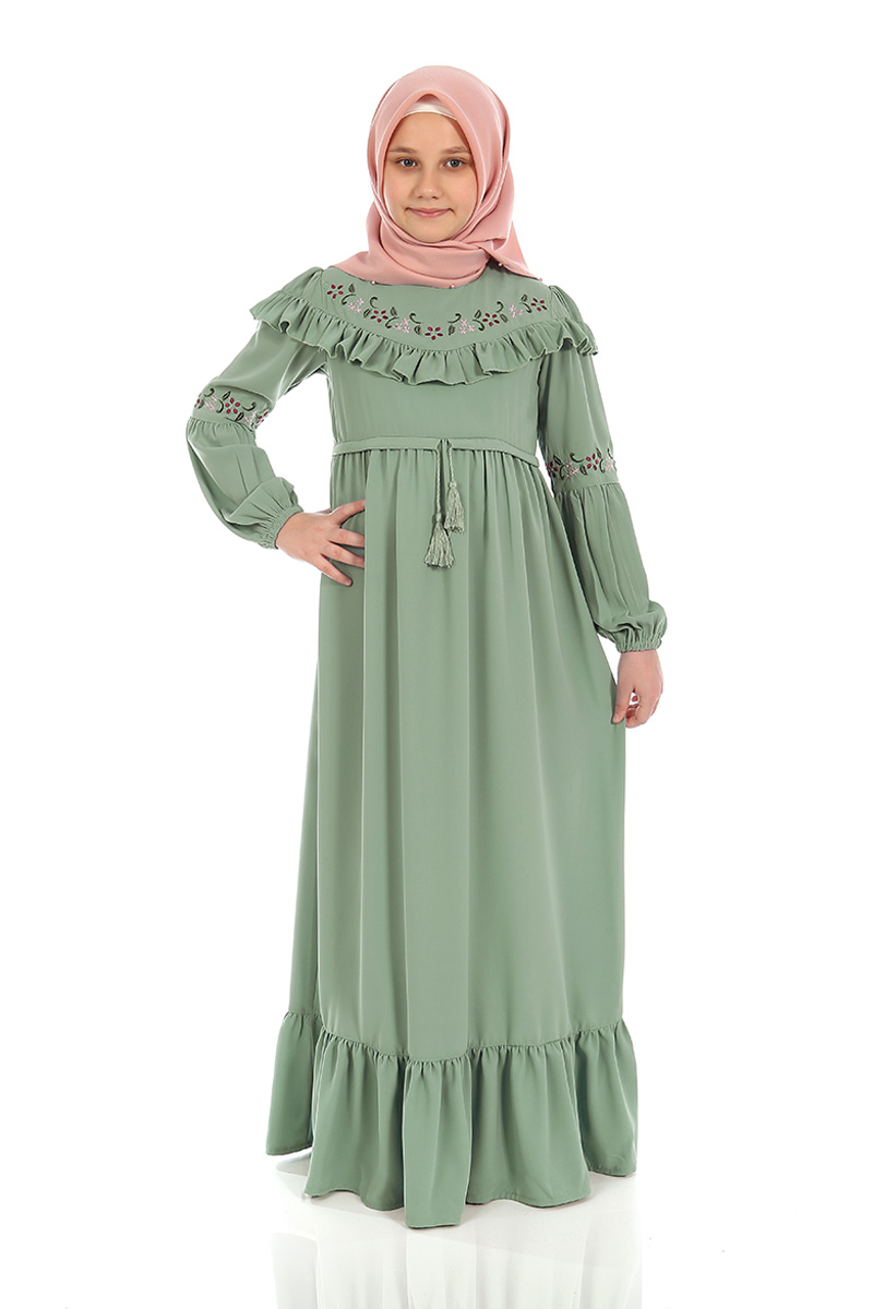 Çocuk Tesettür Elbise Filiz Model Yeşil 2 