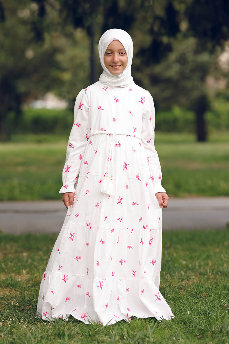Çocuk Tesettür Elbise Fistolu Kat Kat Model Pembe - 1
