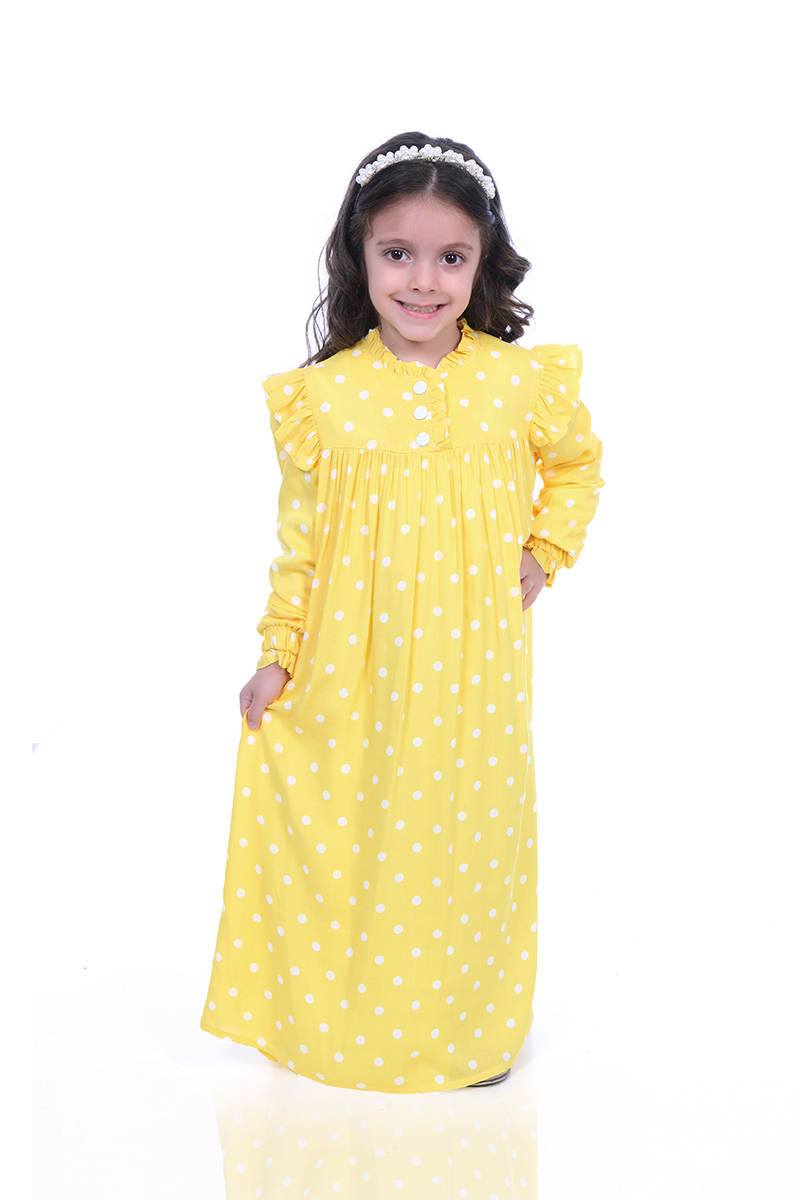Çocuk Tesettür Elbise Gevher Model Puan Desen Sarı 