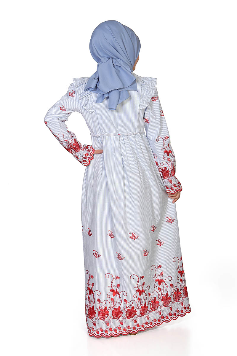 Çocuk Tesettür Elbise Gonca Model Mavi Kırmızı Desen - 2