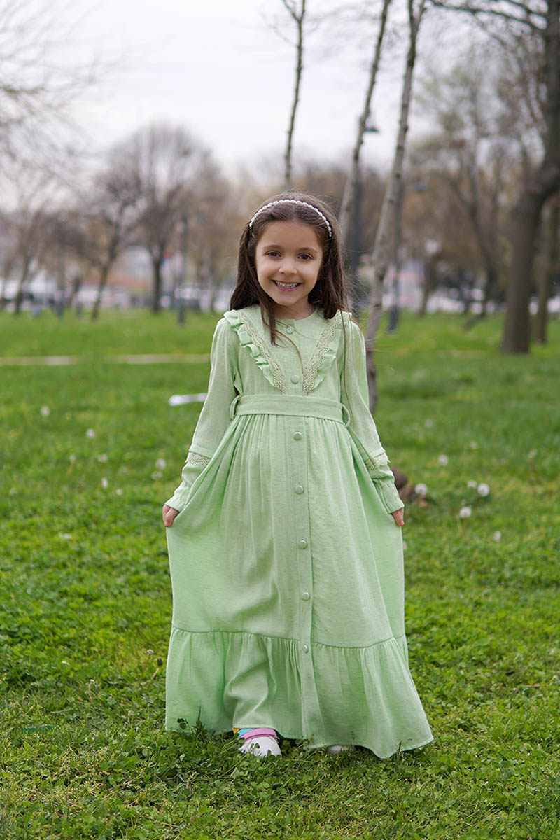 Çocuk Tesettür Elbise Hafsa Model Fıstık Yeşil 2 