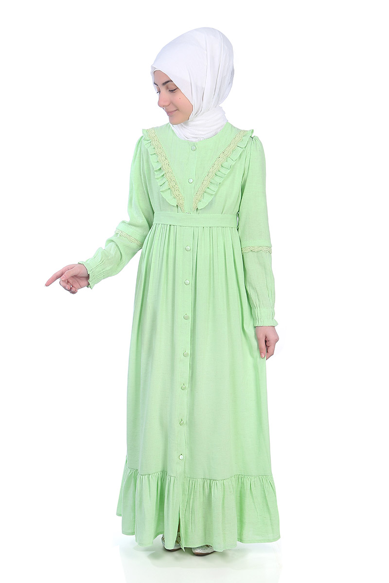 Çocuk Tesettür Elbise Hafsa Model Fıstık Yeşil 2 - 2