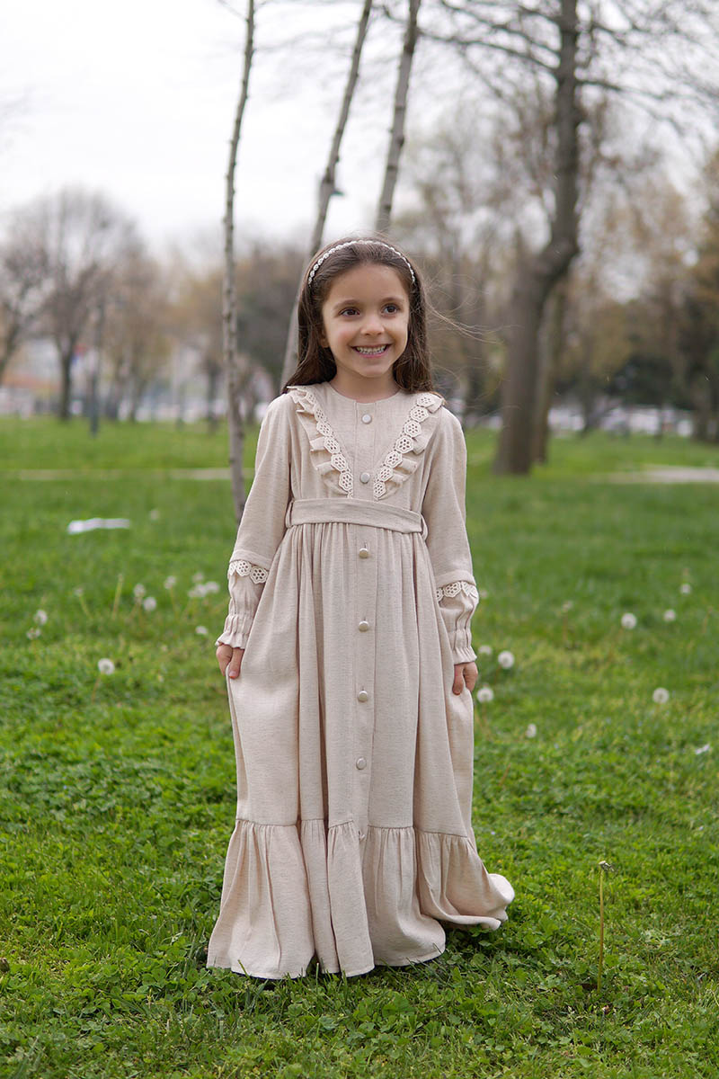 Çocuk Tesettür Elbise Hafsa Model Krem 2 - 1