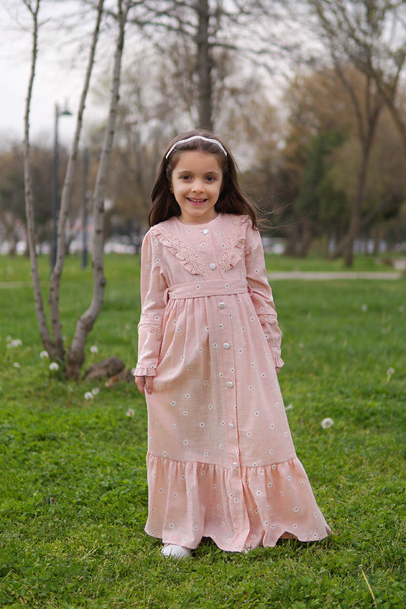Çocuk Tesettür Elbise Hafsa Model Pudra Çiçekli 2 - 1