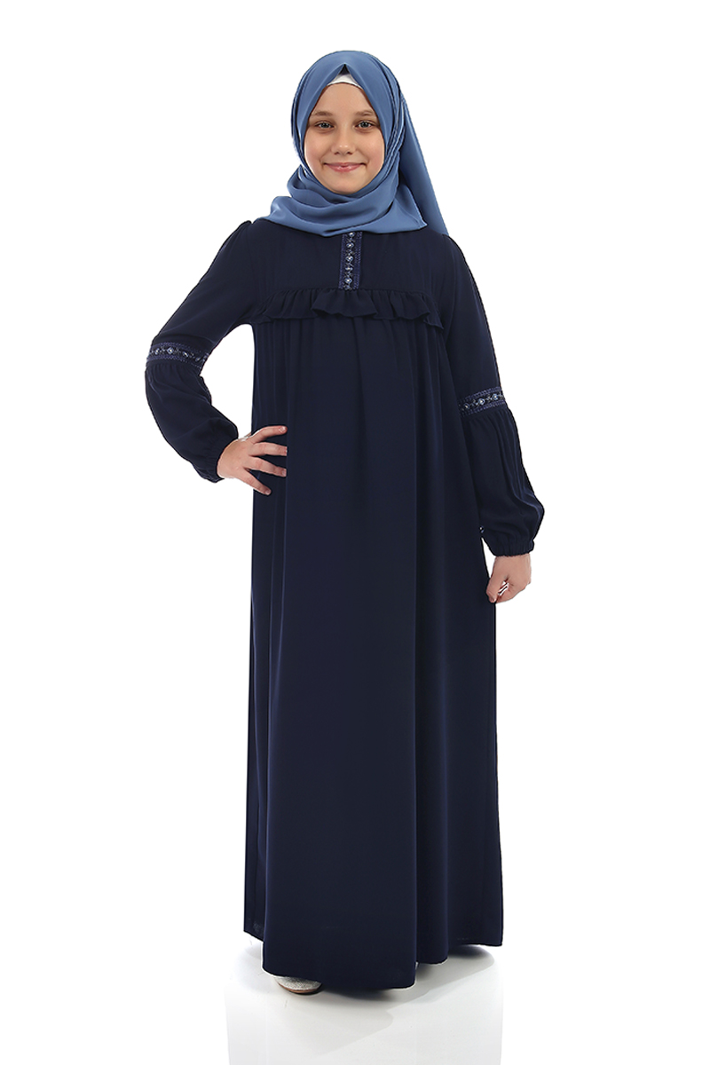 Çocuk Tesettür Elbise Havvanur Model Koyu Lacivert - 1