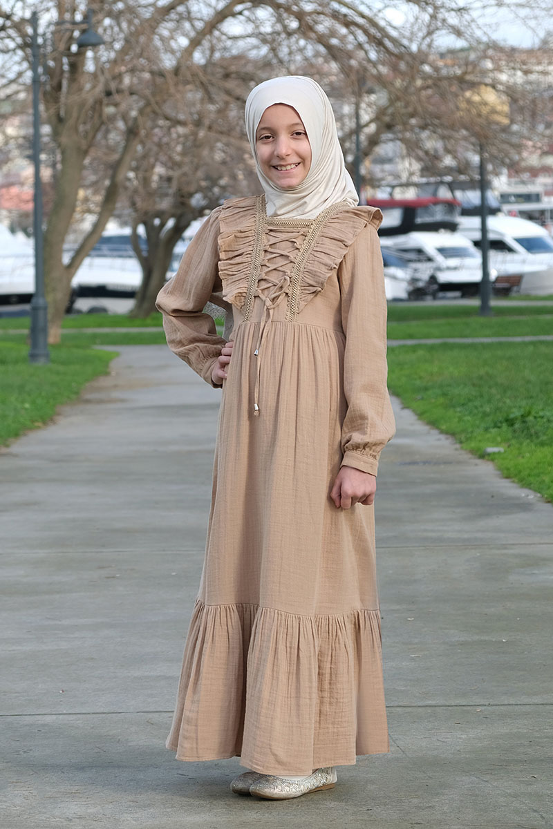 Çocuk Tesettür Elbise Hüda Model Bej - 1