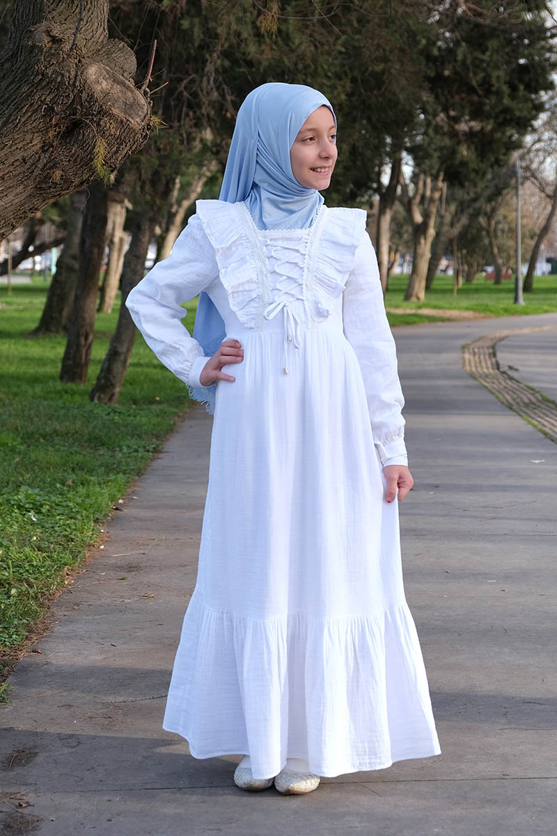 Çocuk Tesettür Elbise Hüda Model Beyaz - 1
