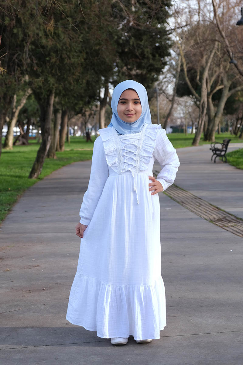 Çocuk Tesettür Elbise Hüda Model Beyaz - 2