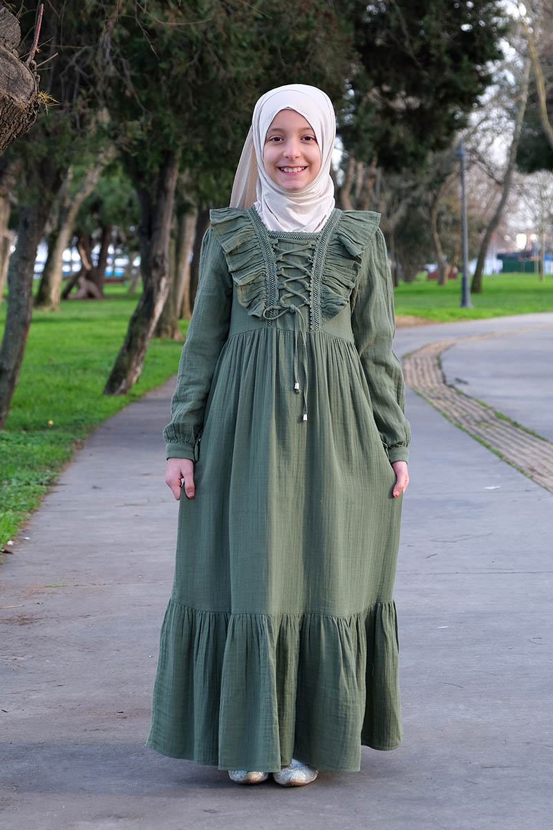 Çocuk Tesettür Elbise Hüda Model Haki - 1