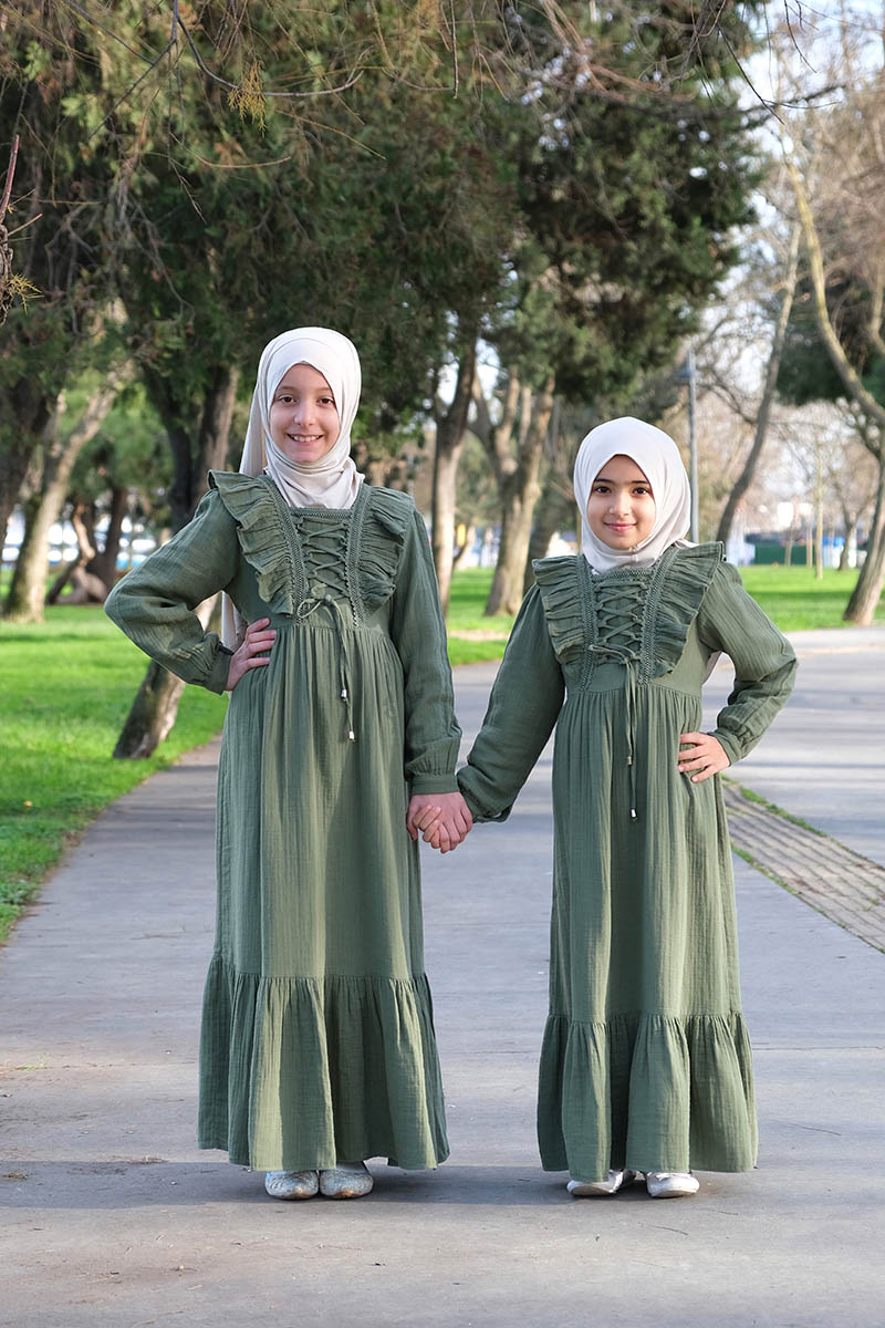 Çocuk Tesettür Elbise Hüda Model Haki - 2