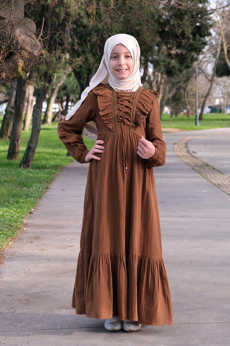 Çocuk Tesettür Elbise Hüda Model Kiremit - Mevlana Çocuk Tesettür