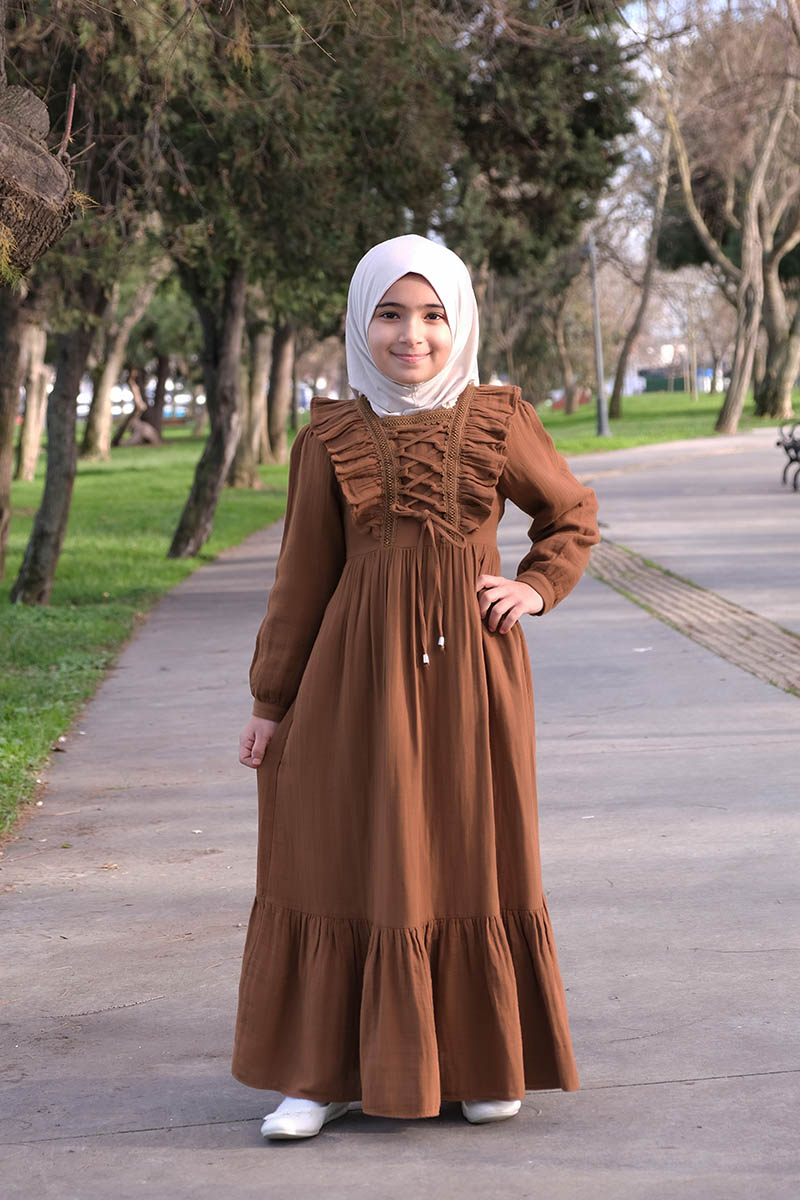 Çocuk Tesettür Elbise Hüda Model Kiremit - 2