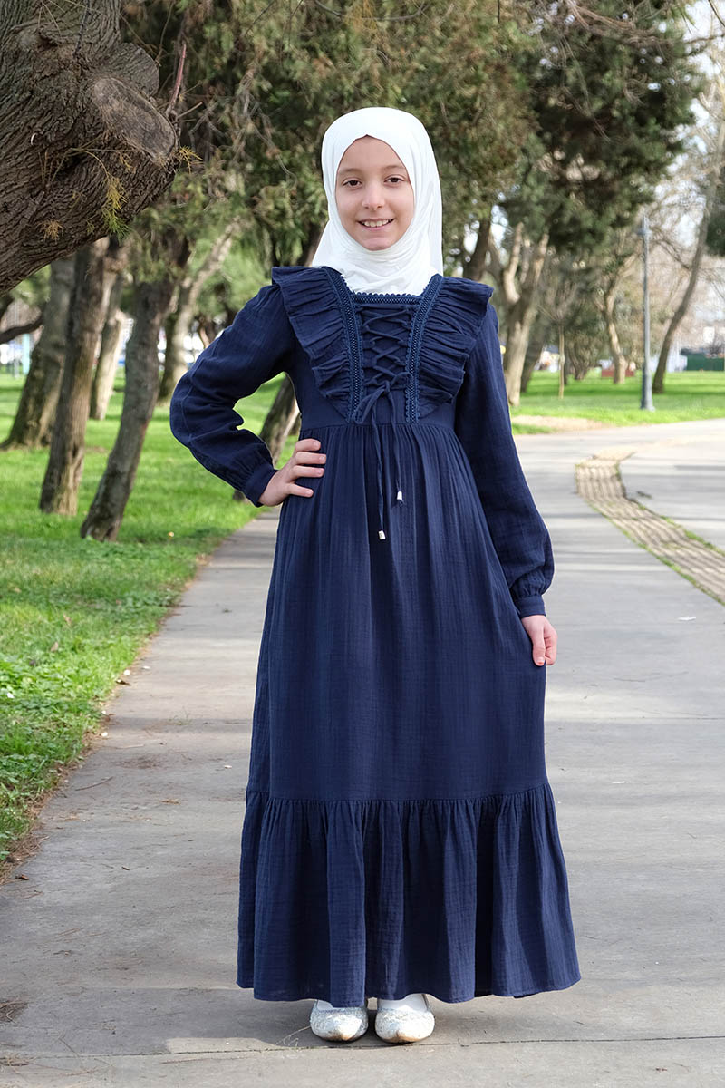 Çocuk Tesettür Elbise Hüda Model Lacivert - 1
