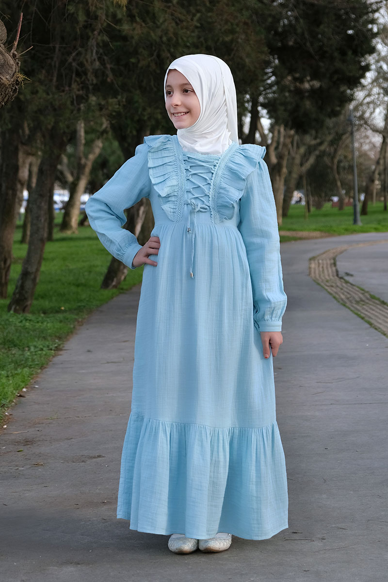 Çocuk Tesettür Elbise Hüda Model Mavi - 1
