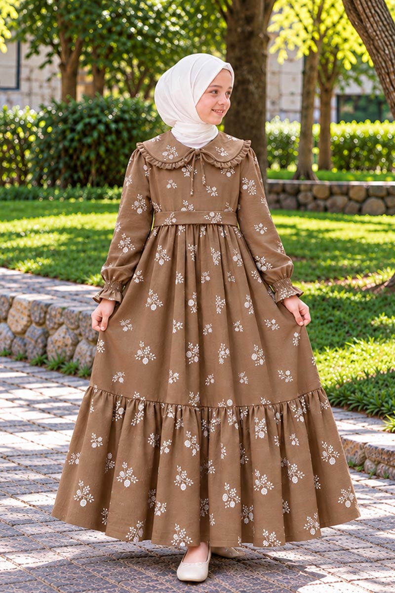 Çocuk Tesettür Elbise Hüma Model Kahve