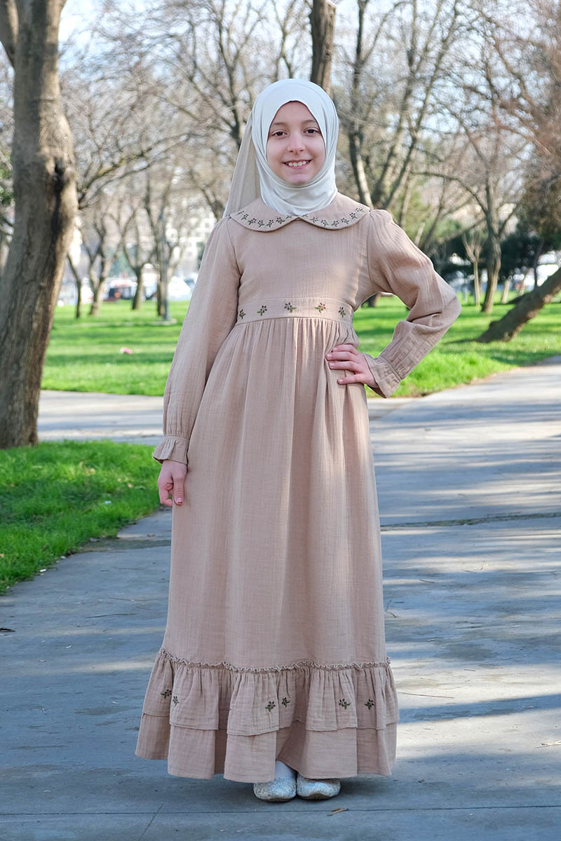 Çocuk Tesettür Elbise Hümeyra Model Bej - Mevlana Çocuk Tesettür