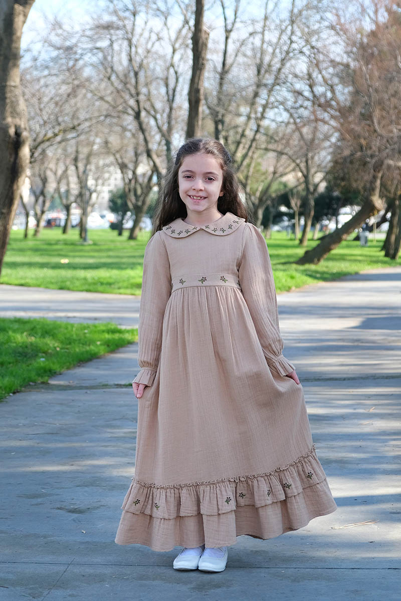 Çocuk Tesettür Elbise Hümeyra Model Bej - 2