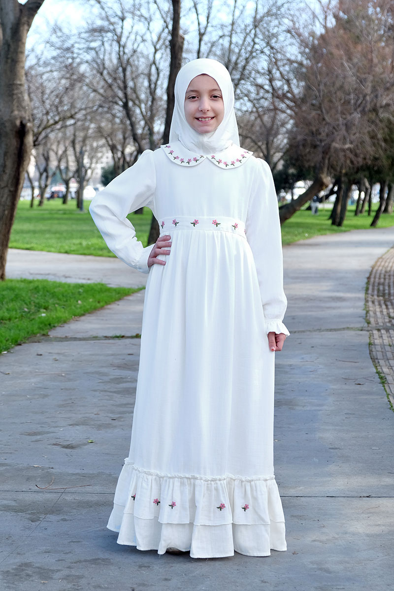 Çocuk Tesettür Elbise Hümeyra Model Beyaz - Mevlana Çocuk Tesettür