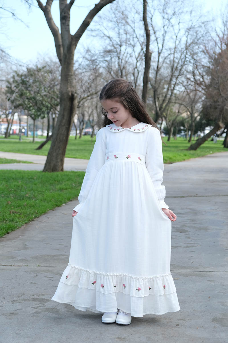 Çocuk Tesettür Elbise Hümeyra Model Beyaz - 2