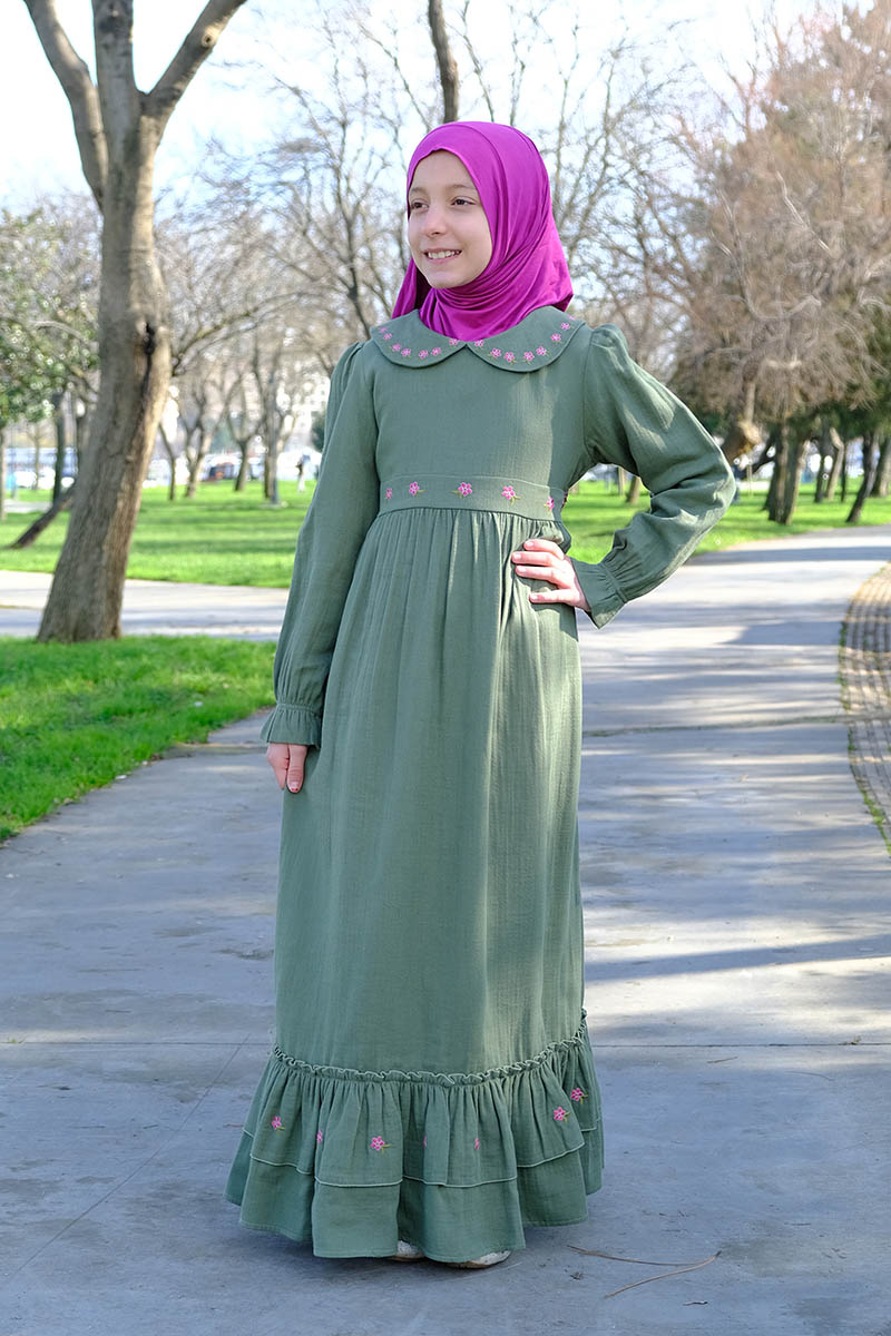 Çocuk Tesettür Elbise Hümeyra Model Haki - 1
