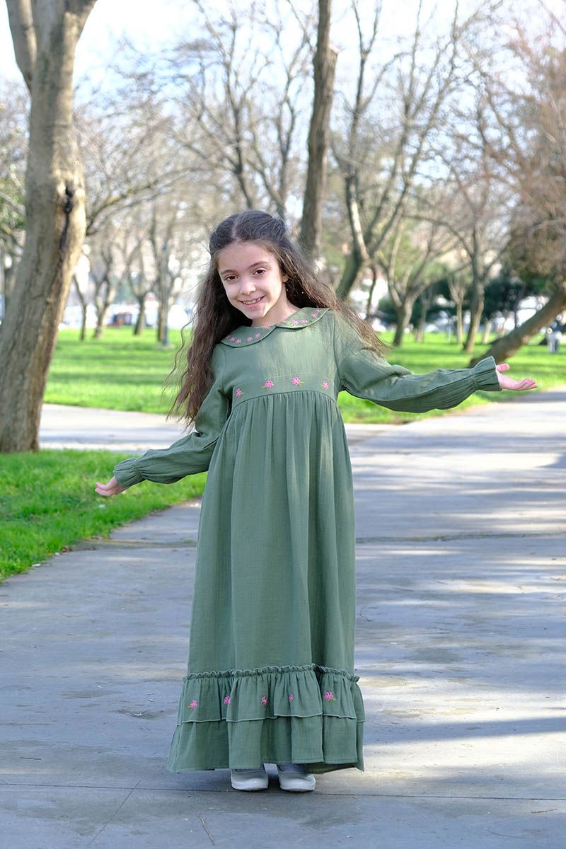 Çocuk Tesettür Elbise Hümeyra Model Haki - 2