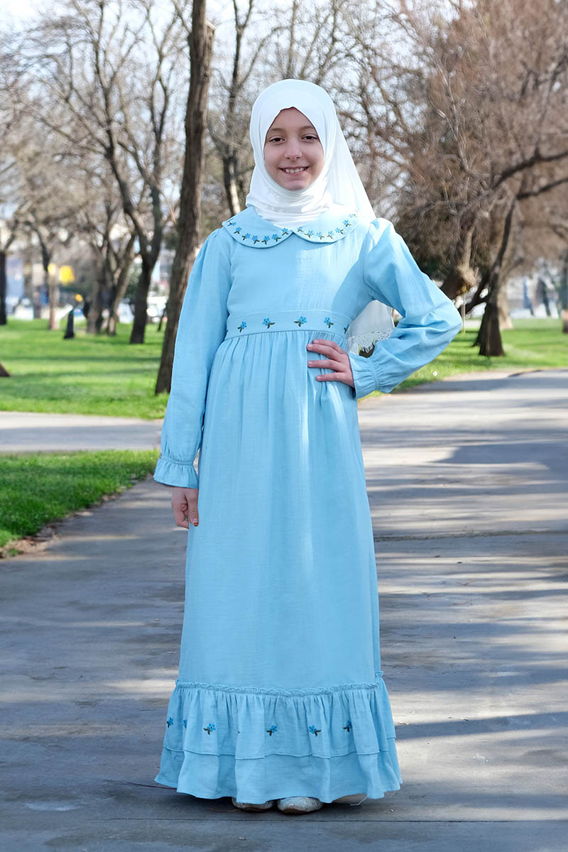 Çocuk Tesettür Elbise Hümeyra Model Mavi - Mevlana Çocuk Tesettür
