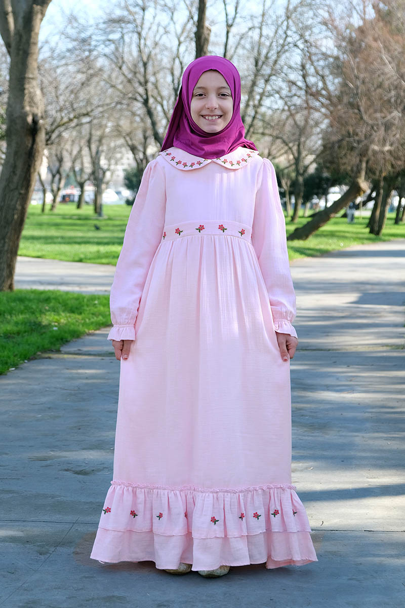 Çocuk Tesettür Elbise Hümeyra Model Pembe - Mevlana Çocuk Tesettür
