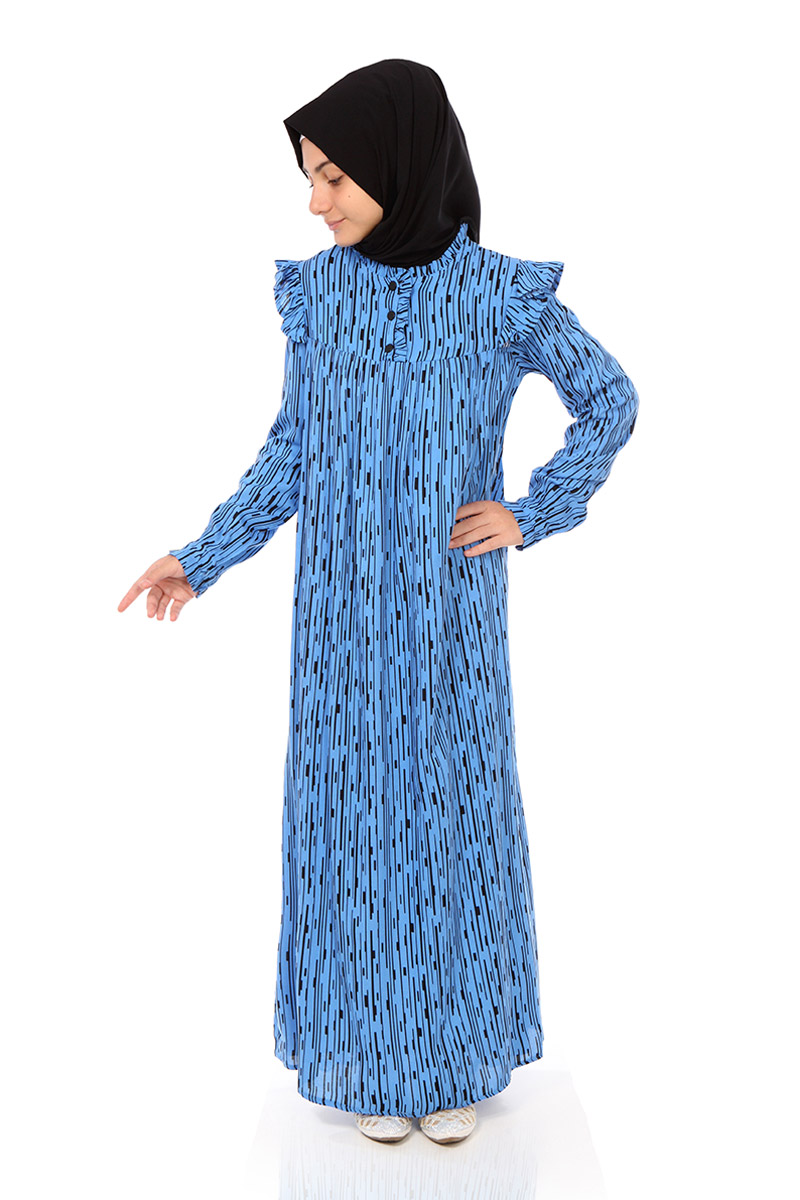 Çocuk Tesettür Elbise Hürrem Model Desenli Mavi - 1