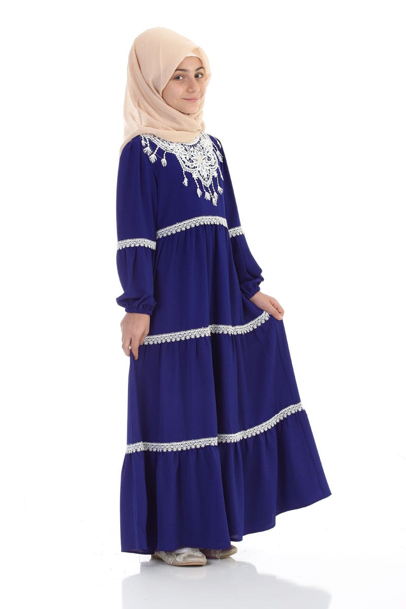 Çocuk Tesettür Elbise İnci Model Saks Mavisi - 1