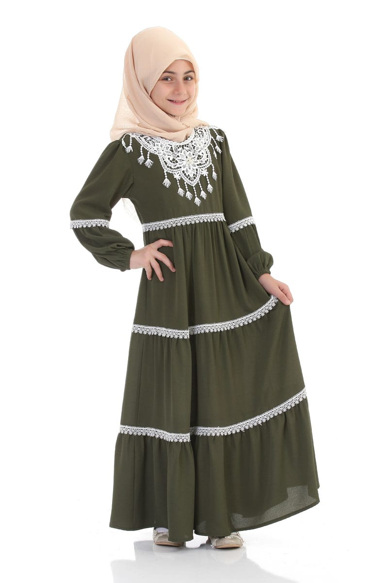 Çocuk Tesettür Elbise İnci Model Asker Yeşil - 1