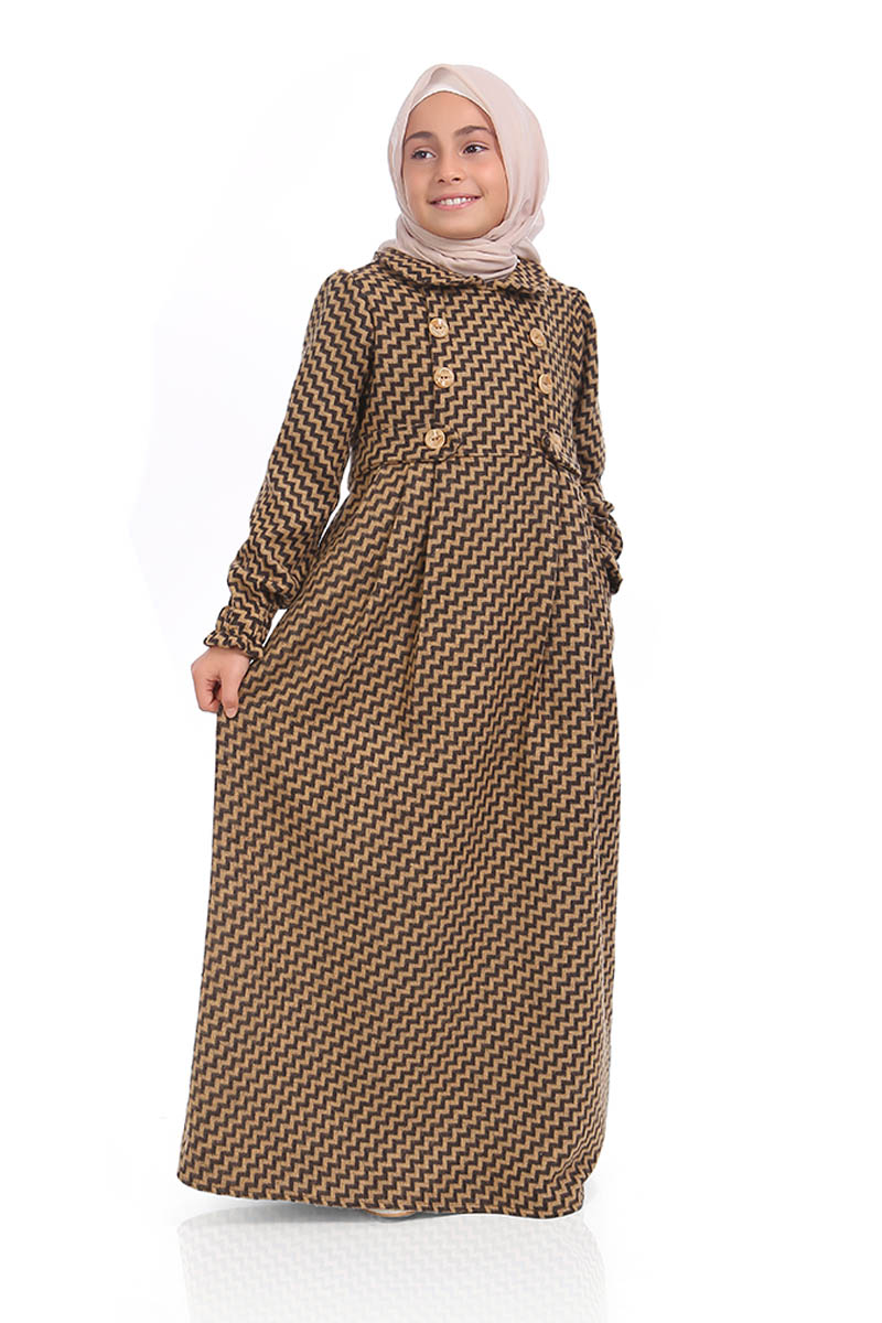 Çocuk Tesettür Elbise Kışlık Çizgili Model Kahverengi - 1