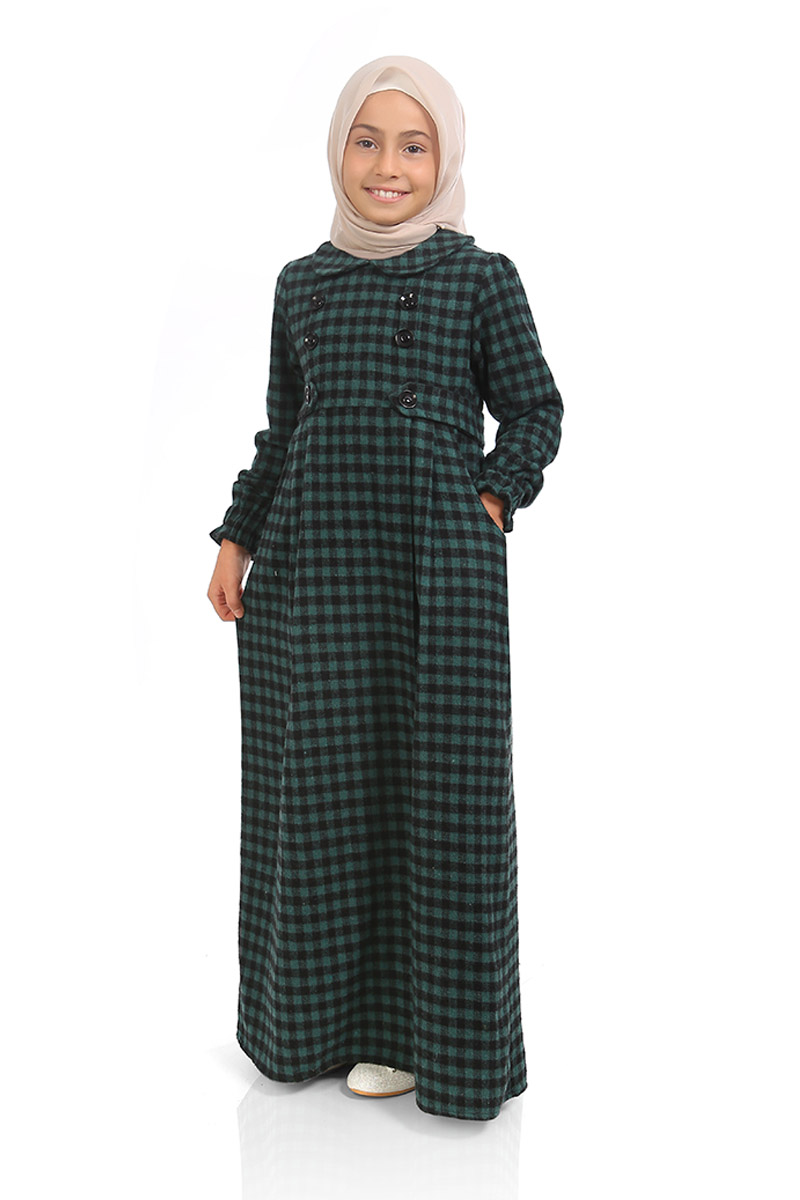 Çocuk Tesettür Elbise Kışlık Ekoseli Model Haki - 1