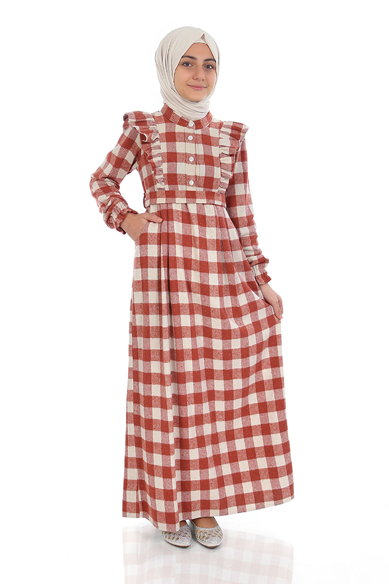 Çocuk Tesettür Elbise Kışlık Yüsra Model Kiremit - 1