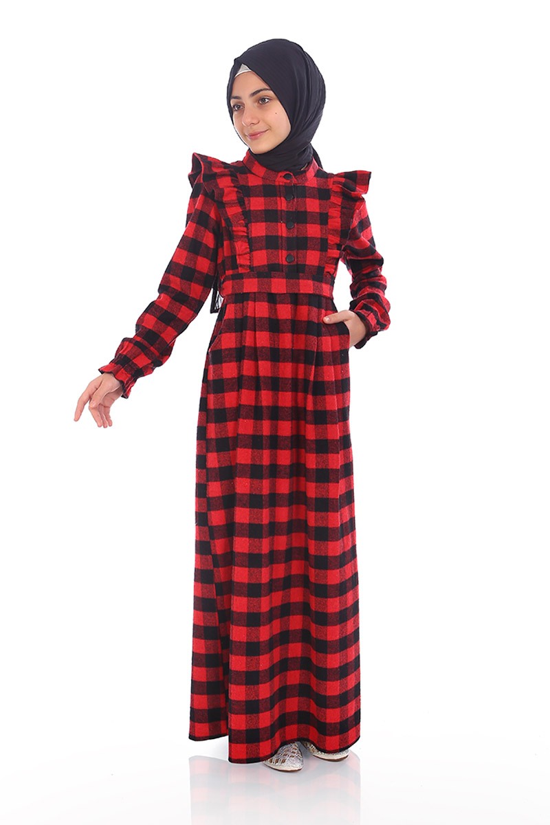 Çocuk Tesettür Elbise Kışlık Yüsra Model Kırmızı 