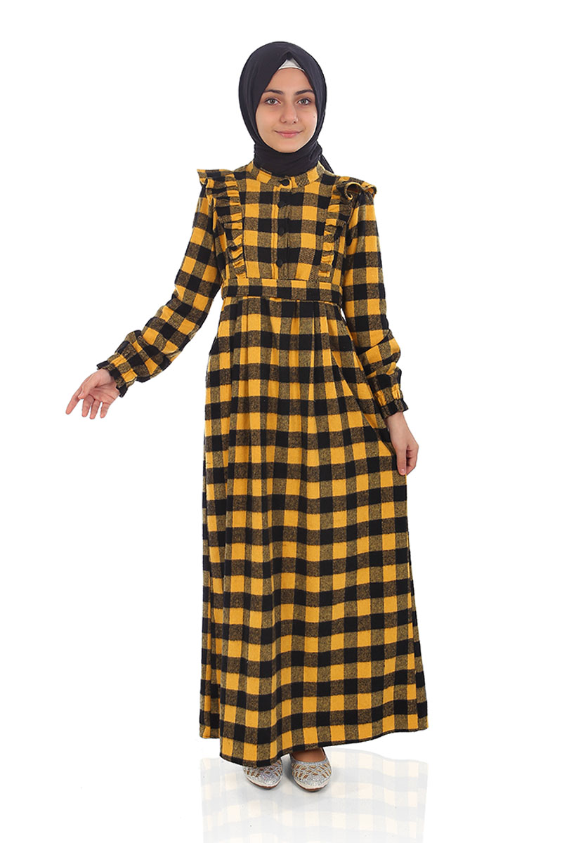 Çocuk Tesettür Elbise Kışlık Yüsra Model Sarı - 1