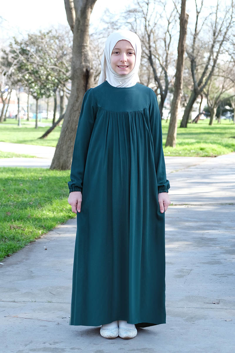 Çocuk Tesettür Elbise Maide Model Zümrüt Yeşil - 1