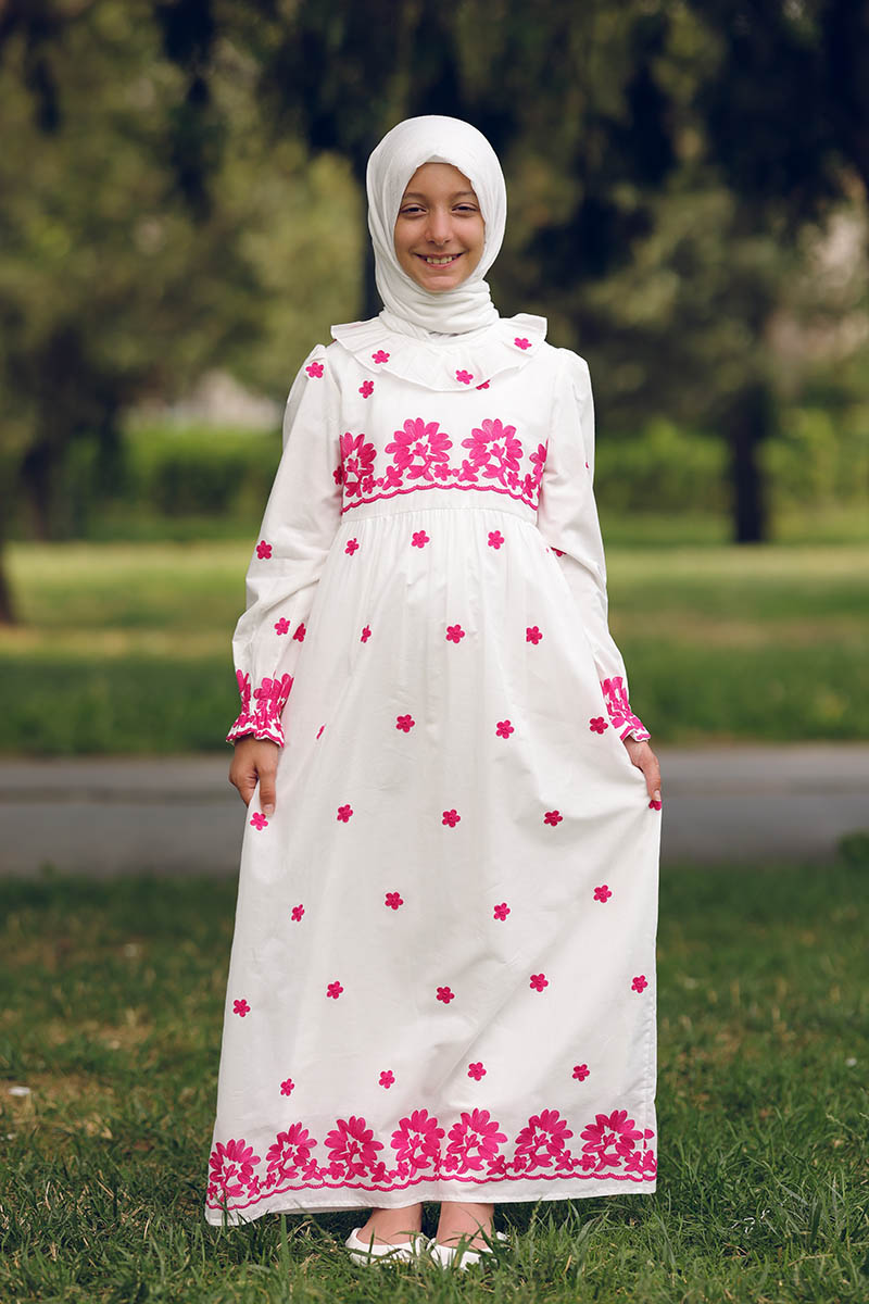 Çocuk Tesettür Elbise Menekşe Fistolu Model Pembe - 1