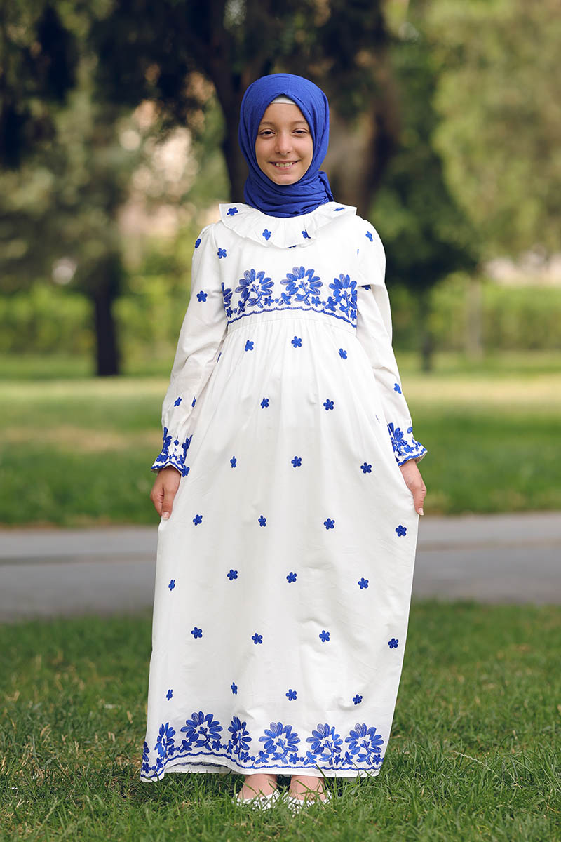 Çocuk Tesettür Elbise Menekşe Fistolu Model Saks Mavi - Mevlana Çocuk Tesettür
