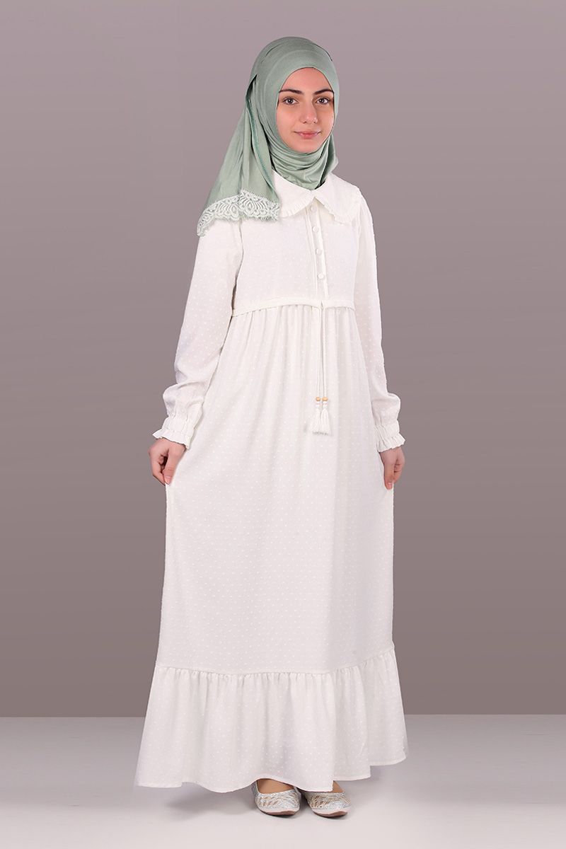 Çocuk Tesettür Elbise Nadide Model Beyaz - 1