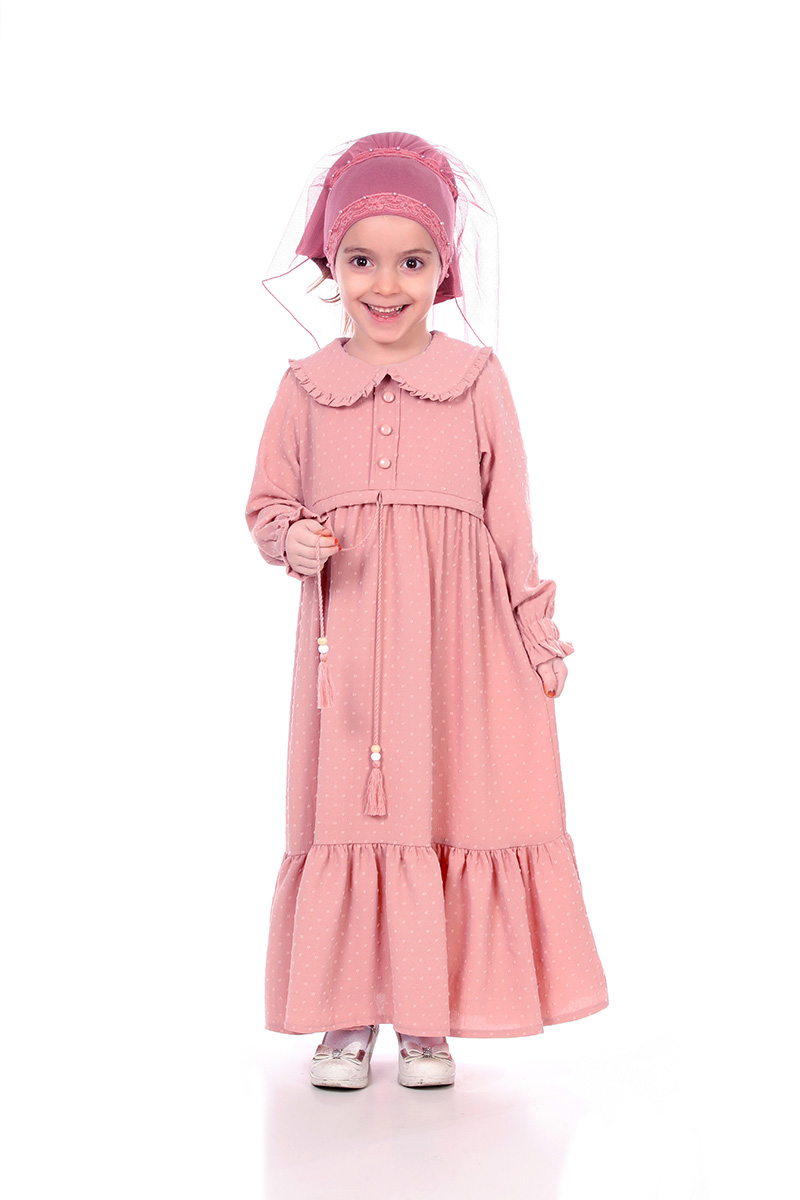 Çocuk Tesettür Elbise Nadide Model Pudra - 2