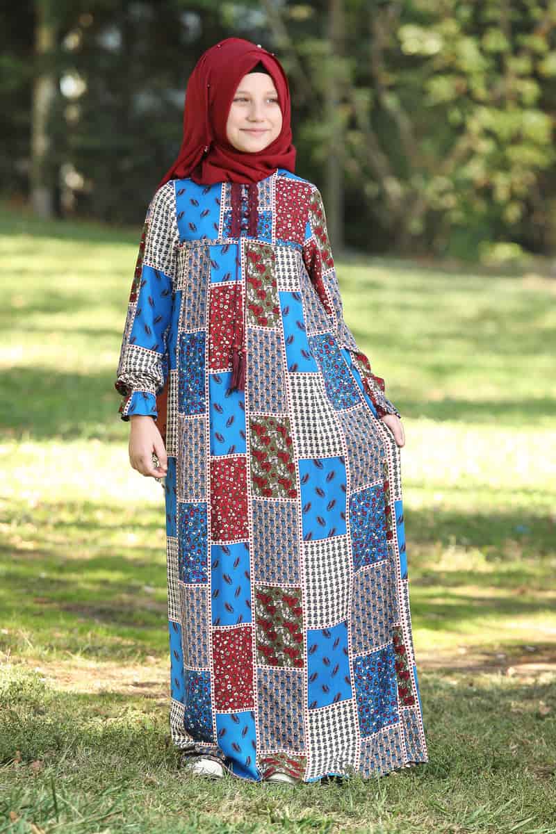 Çocuk Tesettür Elbise Narin Model Mavi Desen 
